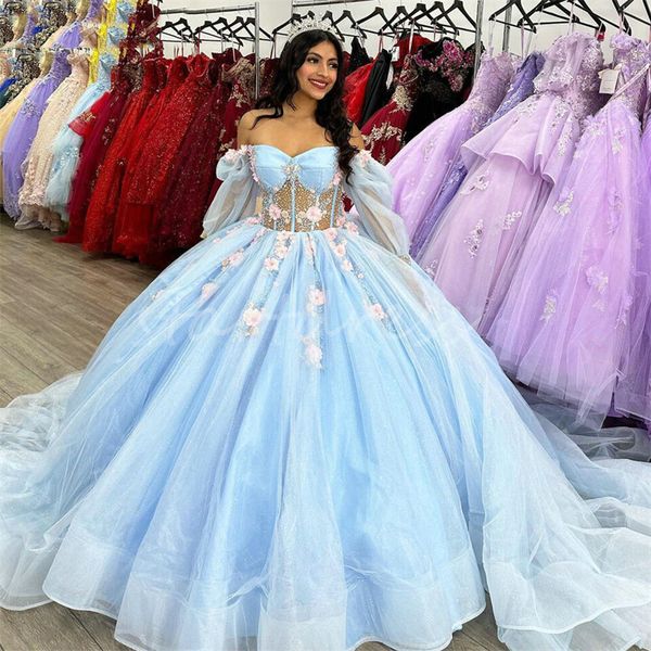 Fée bébé bleu Quinceanera robes avec des fleurs roses 3D cristal perlé princesse robe d'anniversaire à manches longues robes de 15 ans quinze doux 16 robe de bal fête 2024