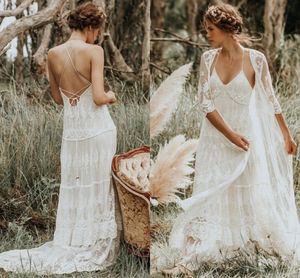 Fairy Boheemse strand trouwjurken met jas met lange mouwen 2022 Modern Lace Beach Country Bruidsjurk Vestidos de novia