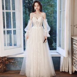 Fairy Boho Lace Wedding Dress 2022 con mangas Spaghetti Straps Bohemian Beach Wedding Dresses Corset A Line Tulle Civil Bride Chic Vestidos De Novia Summer Hippies