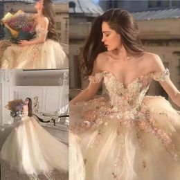 Fairy champagne prinses trouwjurken handgemaakte bloemen kanten bloemen uit schouder sweep trein plus size bruids feestjurken vestidos de novia