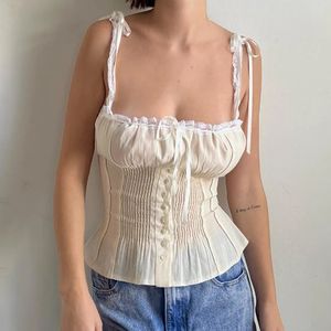 Fairy Cottage Y2K Crop Tops Cintas Kawaii Bowknot Camisola con ribete de encaje Escote abotonado Hasta Chaleco ajustado Camiseta sin mangas vintage de los años 90 para mujer240327