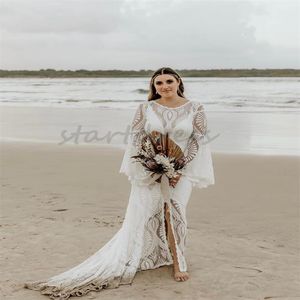 Fée Crochet Lacefull Robe De Mariée Avec Fente Sexy Flare Manches Longues Boho Plage Robe De Mariée Grande Taille Bohème Civil Sirène Mariage Robes De Novia 2024 Robe