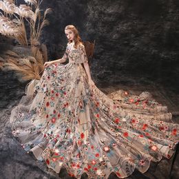 Fairy Avondjurken Korte Mouw Kant Borduurwerk Sequin Prom Gowns 2020 Hollow Lace-Up Back Sweep Trein Speciale gelegenheden Jurk
