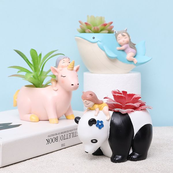 Fée jardin pot de fleurs résine animaux filles planteur pot mini plante succulente pot décoration de la maison baleine licorne figurine Y200709