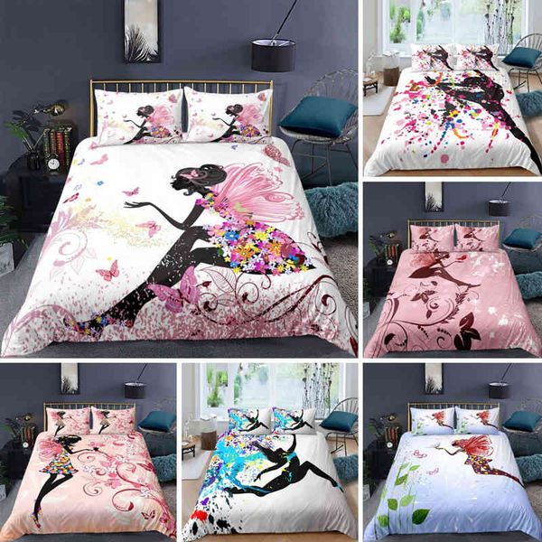 Fée fille avec ailes ensemble de literie papillons floraux personnalité housse de couette coloré Ballet taie d'oreiller décor de chambre