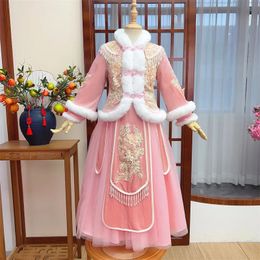 Fairy Girls Hanfu Children Tang Tang Suit Kids Hiver Epp Thryd brodery Party Robe 2024 Pink Chinese Years Vêtements 240220