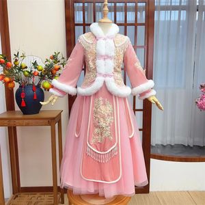 Fee Meisjes Hanfu Kinderen Warm Tang Pak Kinderen Winter Dikke Borduren Feestjurk 2024 Roze Chinese Jaar Kleding 240220