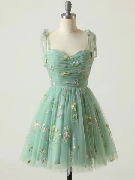 Robe de bal verte féerique, en Tulle court, avec broderie florale, robes de soirée, sans manches, fermeture éclair au dos