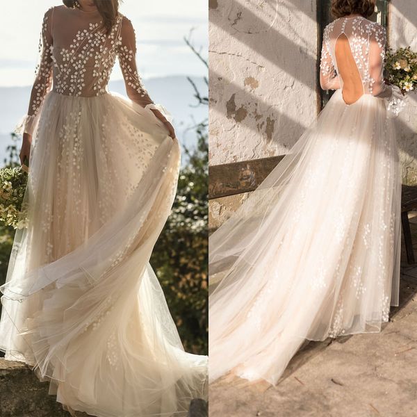 Vestidos de novia de playa de marfil de hadas, vestidos de novia bohemios de encaje con cuello de joya transparente, vestido de novia de manga larga sin espalda