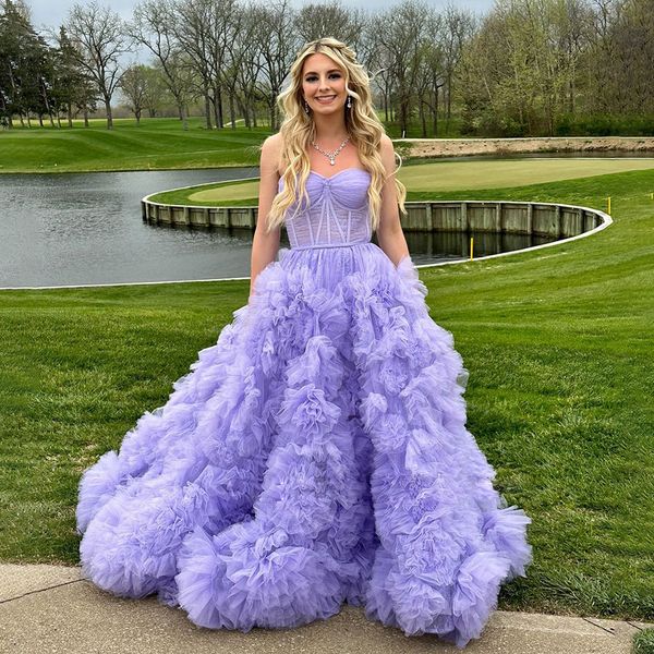 Fée Lavande Tulle Robe De Bal Robe De Bal Chérie Ruffles Tiere Graduation Robe De Soirée Exposée Boning Layere Robe De Retour