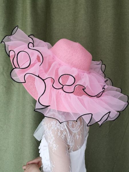 Chapeau de paille en gaze rose féerique pour femmes, casquette Fedora souple multicouches pour dames, casquette Sombrero à large bord pour l'été et le printemps