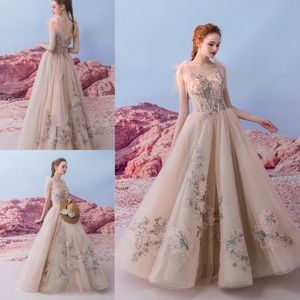 Fairy Princess Sheer Strap Prom Dress V-hals Illusion Exposed Boning Embroidery Beaded Avond Party Jurken