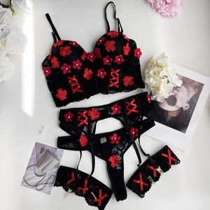 Fée Sexy Lingerie luxe dentelle tenues florale beaux sous-vêtements 3 pièces soutien-gorge rembourré Fine Romance Bilizna ensembles de sexe