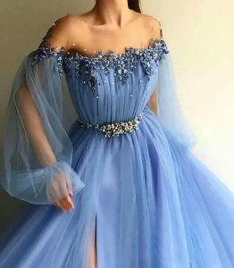 Fairy Sky Blue Prom Dresses Appliques Pearl A Line Jewel Dichter Lange mouwen Formele avondjurken Front Split Plus Size Vestidos de