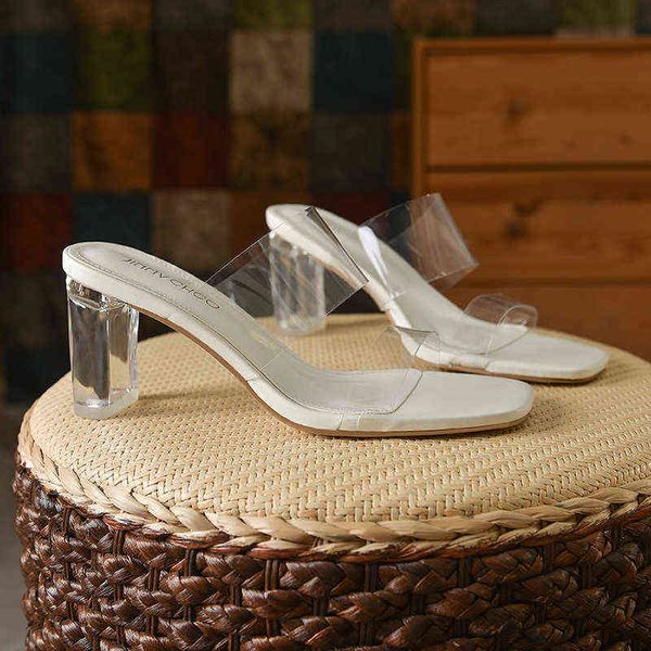Sandalias de mujer estilo hada con PVC transparente de tacón alto, sandalias de cristal de tacón grueso para mujer para uso externo, venta al por mayor 2022 G220519