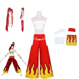 Disfraz de FAIRY TAIL para mujer, disfraz de Anime japonés Erza Scarlet, pantalones, camisetas de tubo blancas, conjunto fresco rojo, cosplay