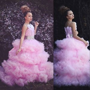 Fairy Tale Peuter Pageant Jurken Luxe Veer Kralen Boog 3D Floral Meisjes Pageant Jurken Pluizige Cloud Tiered Tule Flower Girls Jurken