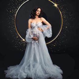 Zwangerschapsjurken met sprookjesachtige tule fotoshoot kanten appliqué babyshowerjurken voor zwangere vrouwen maxi-jurk