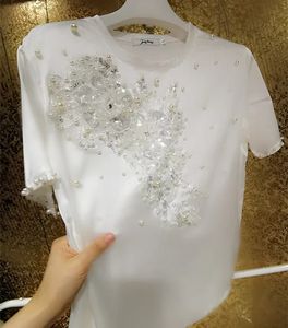 Fairy Wit zware parels kralen witte satijnen t-shirts grote 3D-bloemen borduurwerk pailletten faux zijde chiffon shirt tees licht tops 240522