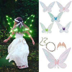 Fairy Wings For Girls Halloween -kostuum verkleedt sprankelende pure vleugels met Flower Crown -hoofdband en elforen ingesteld voor kinderen volwassenen G0824