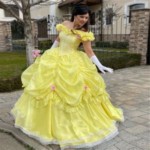 Vestidos de quinceañera amarillos de hadas con hombros descubiertos, vestido de fiesta de cumpleaños de princesa de flores, vestido de fiesta victoriano renacentista dulce 15