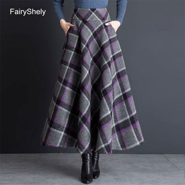 Fairyshely taille haute jupe plissée à carreaux femmes vintage poche laine plus taille maxi jupe femme coréenne tweed jupe longue 210315