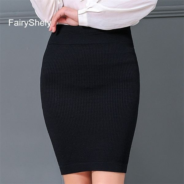 FairyShely Femmes Bureau Jupe Automne Hiver Sexy Chaud Tricoté Noir Crayon Jupes Dames Court Rouge Taille Haute Mini Jupe 210310