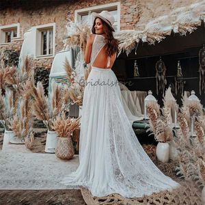 Sprookjesachtige Boheemse Kanten Trouwjurk 2024 O Hals Landelijke Stijl Boho Strand Bruidsjurk Sexy Ruglooze Mouwloze Bruidsjurken Elegant Civil Country Robe Mariage