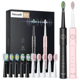 Fairywill Sonic Cepillo de dientes eléctrico E11 Carga USB resistente al agua con 8 cabezales de repuesto de cepillo Juego negro y rosa para pareja 240104