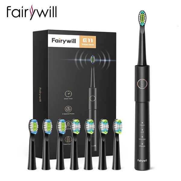 FAIRYWILL SONIC ELECTRICE BRUSH E11 TEMPHANT USB IMPHERPORTHOP RECHARAGE 8 BROSSIONS Têtes de remplacement adulte 231222