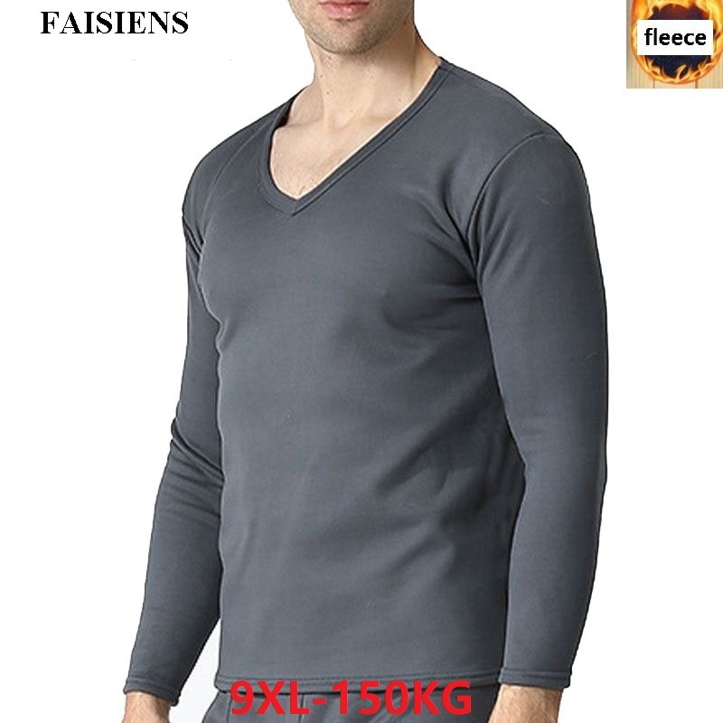 Faisiens vinter män fleece varm termiska underkläder toppar lång ärm tjock t-shirt stor 6xl 7xl man stor storlek 8xl 9xl t-shirt svart