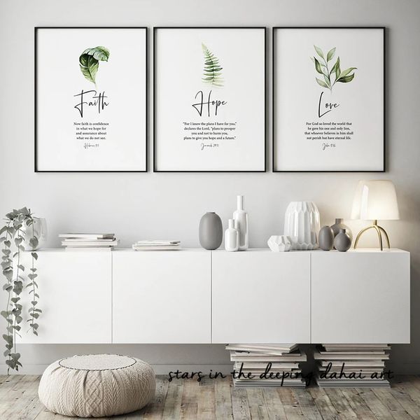 Faith Hope Love Bible Verse Botanical Leaf Psaume 91 Écriture Christianart Affiche toile peinture mur