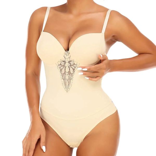 Fajas Colombianas sous-vêtements corps Shaper Shapewear Body Sexy dentelle entrejambe ouverte Lingerie col en V avec soutiens-gorge 240220