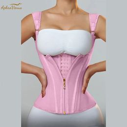 Fajas Colombianas Corset d'entraînement de taille à double compression pour femmes avec fermeture à glissière réglable en os et yeux à crochet ventre plat modelant le corps 240109