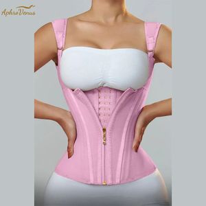 Fajas Colombianas Corset d'entraînement de taille à double compression pour femmes avec fermeture à glissière réglable en os et yeux à crochet ventre plat modelant le corps 240314