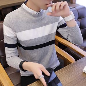 Fake 2 Stuks Shirt Kraag Gebreide Sweaters Casual Mannen Trui Patchwork Top Blouse Pullovers Mens Stripe Slim Fit Kleding C265 Y0907