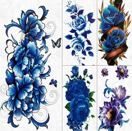 Nep Grote Waterdichte Blauwe Bloem Roos Pioen Tijdelijke Tatoeages Voor Vrouwen Meisjes Sticker Body Art Arm Tattoo Papier 3D flora Tatoos