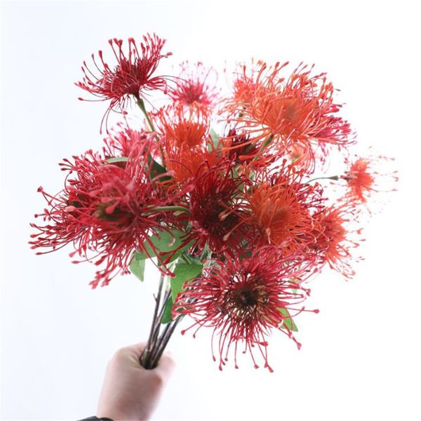 Fausse branche de fleur de Leucospermum, 3 têtes, Simulation de fleurs en plastique emballées dans des broches pour mariage, fleur artificielle décorative pour la maison