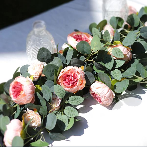 Guirlande de roses artificielles pivoines, fausses vignes, plante suspendue d'eucalyptus Vintage, pour arc de mariage, décoration de porte de fête