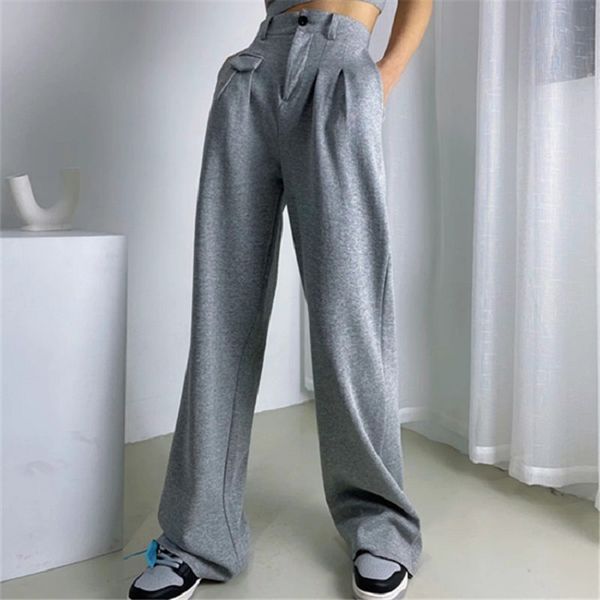 Fausses poches essuyant le sol bord brut pantalons à jambes larges printemps pantalons de sport pour femmes lâches pantalons décontractés streetwear femmes 210514