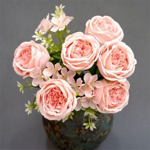 Fausse pivoine ronde (9 têtes/bouquet), camélia de Simulation de longueur de 17.72 pouces pour fleurs artificielles décoratives de mariage à domicile