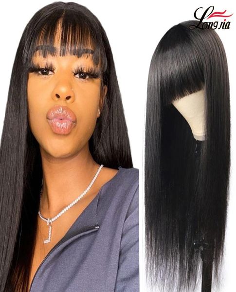 Pelucas de cabello humano liso con cuero cabelludo falso para mujeres negras peluca de cabello virgen brasileño con flequillo Color Natural 4321215