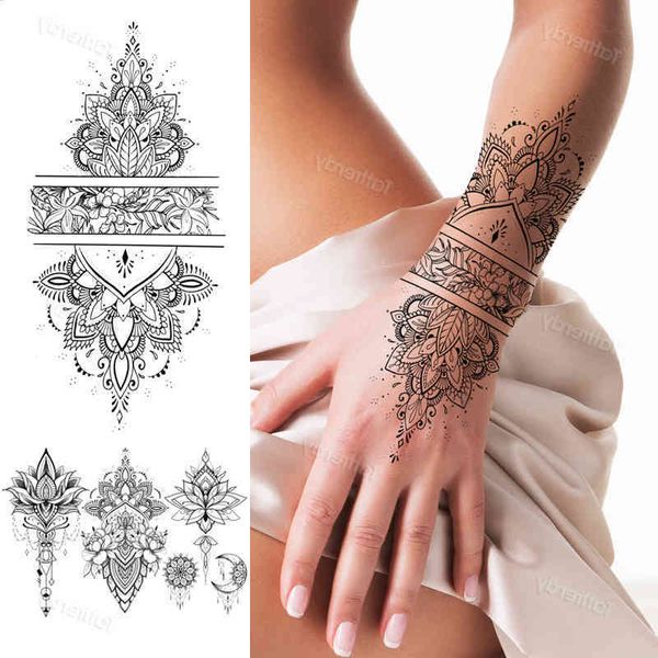 Faux Tatto Tatouage Temporaire Grand Motif Autocollants Manches Étanche Main Doigt Du Sein Tatoos Noir Body Art Pour Femme