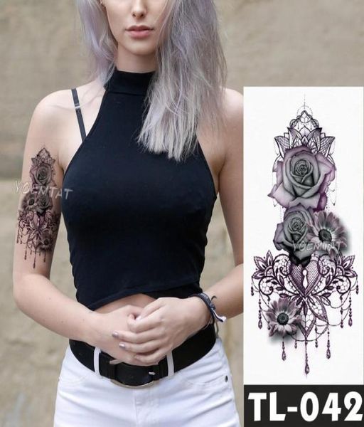 Tatuajes temporales falsos pegatinas flores rosas oscuras brazo hombro tatuaje impermeable mujeres flash tatuaje en el arte corporal D190112022623849