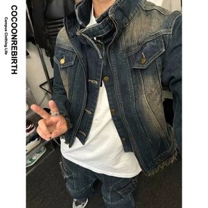 Faux deux modèles rétro Denim veste hommes femme courte fermeture éclair simple boutonnage Cowboy manteaux bleu lavé col montant unisexe vêtements d'extérieur 240109