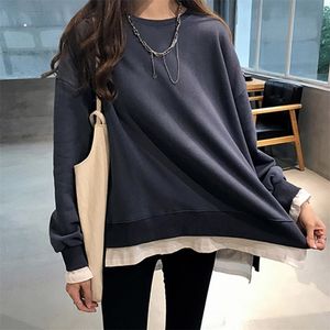Faux deux pièces à capuche automne coréen pull uni surdimensionné décontracté hauts chemises douces pour filles Sweatershirt mode nouveau 201102