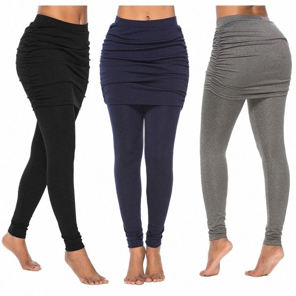 faux deux pièces leggings pantalons slim leggings femmes pantalons pantalon pack hanche jupe plissée dames sac de couleur unie pantalon côté hanche W5Sf #