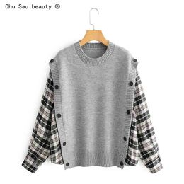 Fake tweedelige plaid stiksels gebreide trui vrouwen herfst koreaans losse shirt mouw ronde hals pullover top 210514