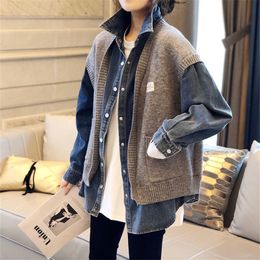 Поддельная рубашка из двух предметов, лоскутные куртки, женский свитер, весенне-осенний джинсовый кардиган, модная уличная одежда в корейском стиле, свободное пальто