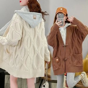 Faux deux pièces torsadé pull à capuche manteau femmes automne et hiver Y2K grande taille ample Long tricot Cardigan dans le vent paresseux 240131